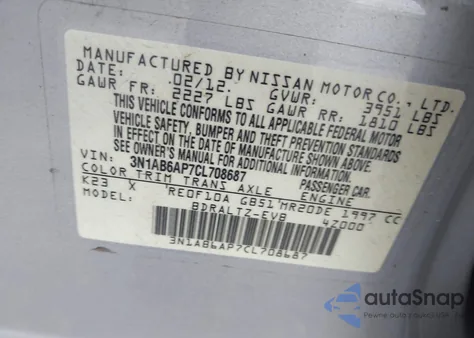 2012 Nissan Sentra 2.0/2.0S/Sr/2.0Sl z USA, uszkodzony, nr VIN 3N1AB6AP7CL708687